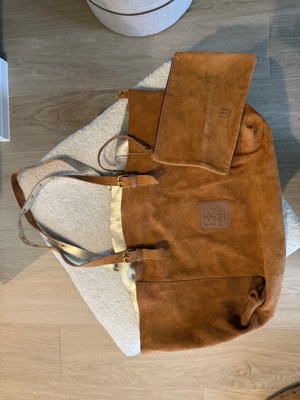 Haute Hippie Suede Tote Bag with attached Wristlet - Brown with gold metallic